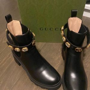 Gucci Women's Trip Embellished Block Heel Chelsea Boots 39.5